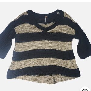 Free People Black and Cream V-Neck Sweater